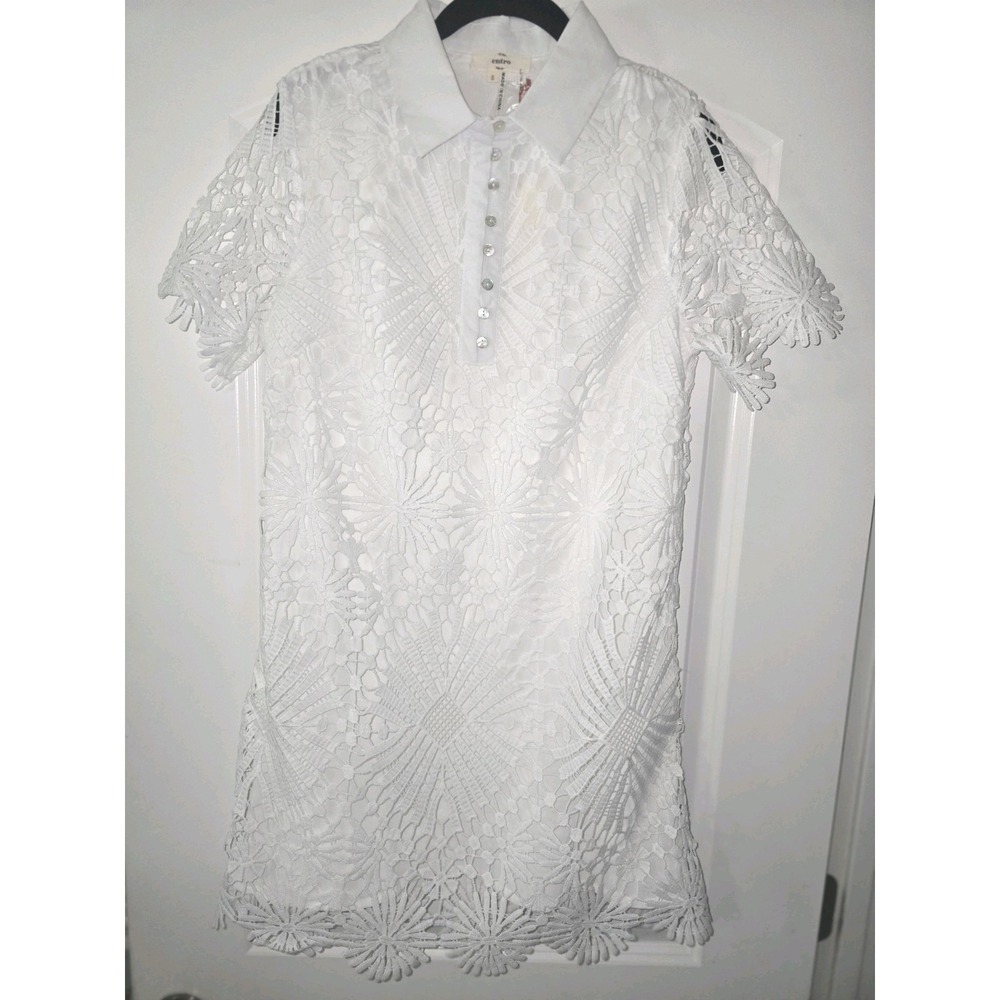 Entro White Floral Lace Collared Short Sleeve Button Blouse Polo, Size S